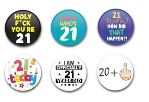 25 mm 1" KNOPFABZEICHEN X6 GEBURTSTAG MEILENSTEINE ALTER 21 - Bild 1 von 1