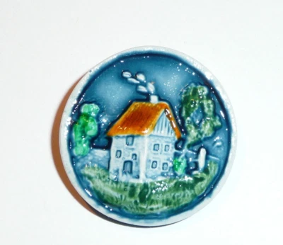 Pretty Cottage House Art Stone Round Shank Button 1-3/16" Blue Cottage Button - Image 1 of 4