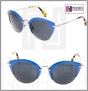 MIU MIU NOIR 53R Round Blue Gold Metal Rimless Oval Sunglasses MU53RS Authentic