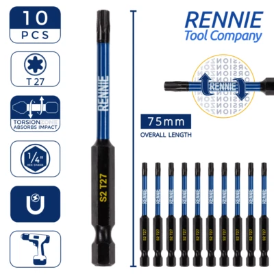 10 x T27 Torx 75mm Long Magnetic Impact Duty Screwdriver Drill Driver Bits TX27 - Image 1 of 4