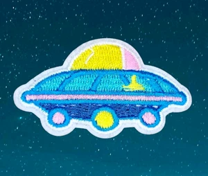 BLUE ALIEN UFO SPACESHIP OUTER SPACE COSMOS ART IRON ON PATCH 1.25" x 2.25" - Picture 1 of 7