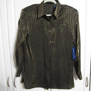 Karen Scott Button Front Blouse Size Med Metallic Gold & Black Animal Print L/S - Picture 1 of 7