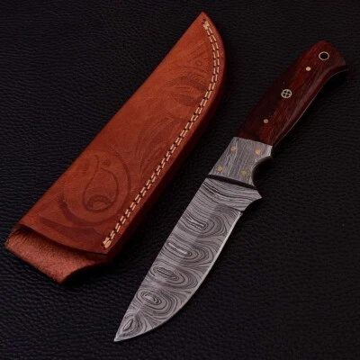 Damast Jagdmesser schöne Klingenmaserung Damast Stahl mit Lederhülle 4243