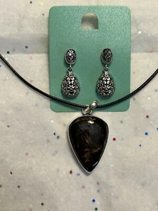 Jasper 925 Silver Gemstone Pendant w Fashion Earrings - Picture 1 of 6