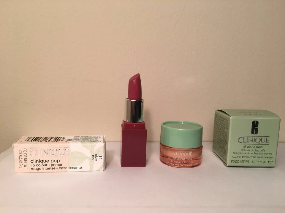 2 in 1: Clinique pop lip colour+primer 14 plum pop 2.3g PLUS all about eye 5 mL - Image 1 of 1