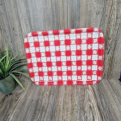 Vintage Gingham & Leaf Tray, Red White Checked, Lap TV Tray, Country Decor - Image 1 of 4
