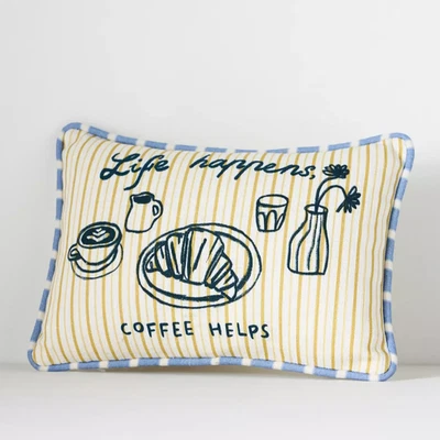 Almohada Anthropologie DDUENDE ICONO CAFÉ Life Happens Café Ayuda Rayas 12" Nueva con Etiquetas Foto 1 de 4