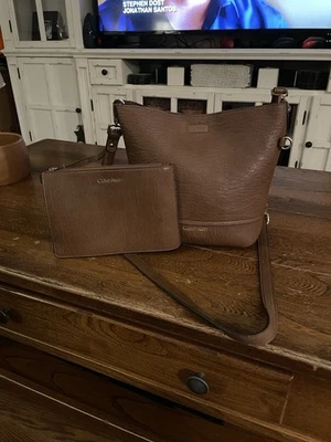 Calvin Klein Brown Leather Reversible Bag with mini bag with gold hardware - Image 1 of 4