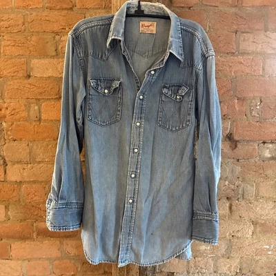 Camisa De Colección Años 70 Wrangler SANFORIZADA Denim Perla Botón a Presión Para Hombres 16-34 Oeste EE. UU. Foto 1 de 4