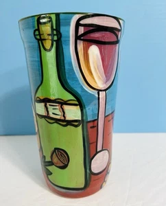 Kelly Jo Signed Ceramic 9" Vase Hand Painted Wine Chiller~Grapes~~Glasses~Bottle - Picture 1 of 10