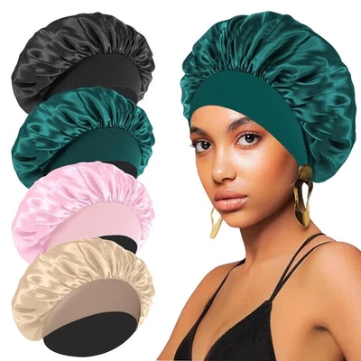 4 PIEZAS Gorros de satén de seda para mujeres negras y hombres - Envoltura elástica para el cabello de banda ancha aprox... Foto 1 de 4