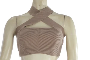 HERVE by Herve Leger Beige Ribbed Knit Halter Neck Cropped Top Size S - Picture 1 of 7