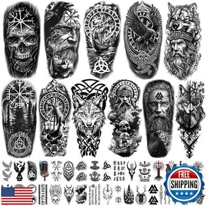 77 Blatt Wikinger Temporäre Tattoos Erwachsene Kinder, Wikinger Pirat Stamm Totem Fak - Bild 1 von 5
