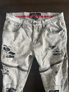 Mens Skinny Jeans Size 34 Pants Tan 34x32 Copper Rivet Distressed Zippers Denim - Picture 1 of 11