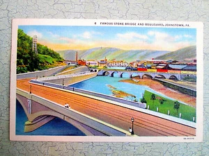 1940 JOHNSTOWN, PA Famous Stone Bridge Vintage Linen Postcard by Curt Teich - Picture 1 of 2