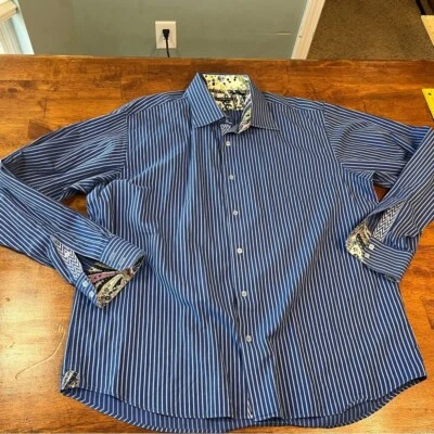 Visconti Hombre Azul Rayas Botón Abajo Con Acentos Coloridos Talla XL Foto 1 de 4