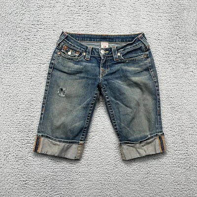 True Religion Shorts Womens 27 Sophie Denim Cuffed Bermuda Distressed USA Hip - Image 1 of 4