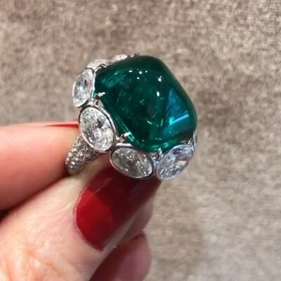 Cabochon Shape Vivid Green 17CT Emerald With 3.55CT Oval & Round CZ Women's Ring - Image 1 of 4