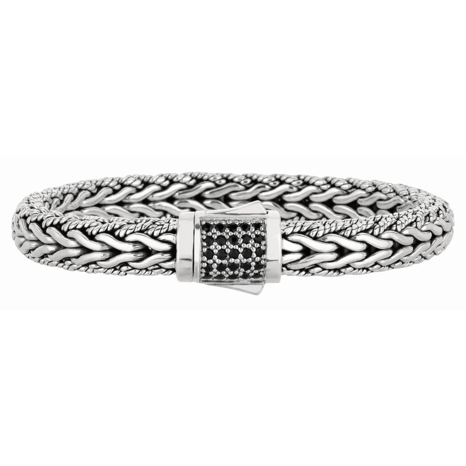 Brazalete de plata esterlina de 7 mm con patrón de trigo con cierre de zafiro negro Foto 1 de 1