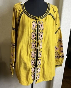 RD & KoKo Womens Size XL Golden Yellow Embroidered Boho Tie Front Top Jacket - Picture 1 of 10