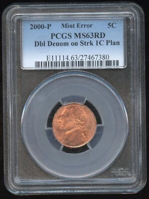 2000 P 6 Cent DOUBLE DENOMINATION ERROR -  5C Struck Over 1C! PCGS MS63 RD RED - Image 1 of 2