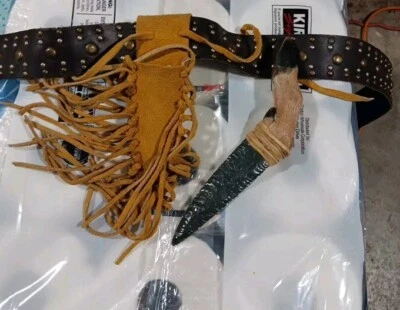 Custom Hand Made Dagger  Deer, Arrow Head Stone,  Leather Sheath Native American - Image 1 of 4