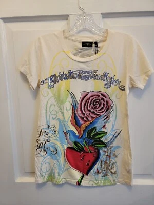 NWT Vintage Christian Audigier Heart Rose Bird Rhinestone Cotton T Sz M USA Made - Image 1 of 4