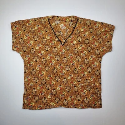Hand Stitched Thanksgiving Scrub Top Brown With Turkeys On It. - Image 1 of 4