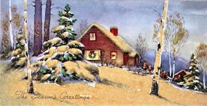 Vtg Season Greeting Christmas Card With Glitter Snow & A Cabin In The Woods - Picture 1 of 5