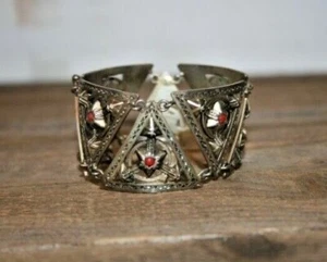 Vtg Coral Bracelet Silver PANEL PIN clasp Persian Israel Berber Egyptian Tribal - Picture 1 of 7