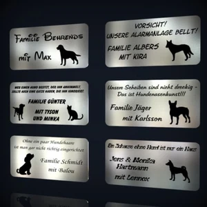 PLACA DE PUERTA DE ACERO INOXIDABLE PLACA DE NOMBRE CON GRABADO LÁSER: PERRO, GATO Y TEXTO A VOLUNTAD - Imagen 1 de 13