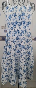 Ladies Ruffled Summer Dress Blue Floral Elasticated Back Size 12 Chest 34" - Picture 1 of 8