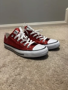 Converse All-star Ox Lo Top Sneakers Chuck Taylor Red Glitter 136085F Woman S 9 - Picture 1 of 7