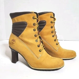Timberland 6inch High Heel Leather Boots Size 7.5 Lace Up Wheat Nubuck Womens - Picture 1 of 10
