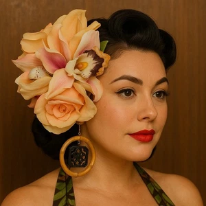 Floral Hair Clip Peach Rose Orchid Flower Headpiece Wedding Tiki Pinup Prom - Picture 1 of 7