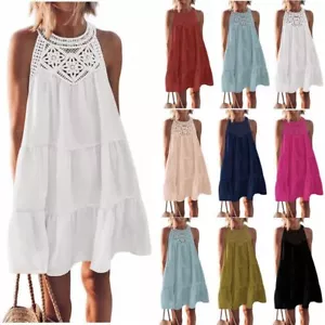 Neu Damen Sommer ausgehöhlt Spitze Patchwork A-Linie Kleid Strandrock - Bild 1 von 29