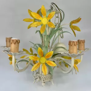 Vintage French 5 Arm Toleware Ceiling Light with Metal Leaves & Yellow Flowers - Picture 1 of 23