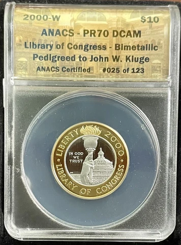 2000-W Library of congress $10 Bimetallic PR70 DCAM | Pedigreed to John W. Kluge Cover