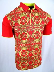 Mens Polo Shirt Red Gold Italian Floral Prints Slim Fit Stretch Golf 3 Button - Picture 1 of 4