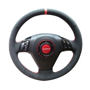 Black Suede Leather Steering Wheel Red Stitch Wrap Cover For Mazda 3 5 6 MPV - Picture 1 of 9