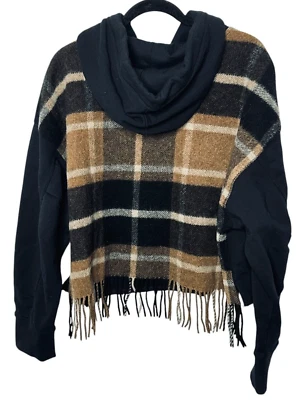 Dorothee Schumacher Hoodie Sz 2 Black Tan Plaid Back Fringe Trim Casual Coolness - Image 1 of 4