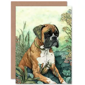Boxer Hund Blumenfeld Bunt Aquarell Kunst Blanko Grußkarte und Umschlag - Bild 1 von 4