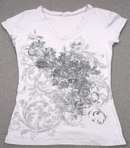 Vintage Floral Sparkly V Neck Cap Sleeve T-Shirt Women Med Y2K Grunge Fairycore - Picture 1 of 18