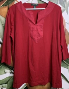 Lauren Ralph Lauren 1X Red Y Neck Lone 3/4 Sleeves Tunic Shirt Top - Picture 1 of 5