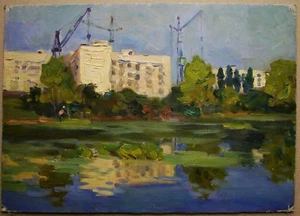 Ukrainisches Sowjetisches Ölgemälde Landschaft Industrie Realismus See 50er Jahre  - Bild 1 von 6