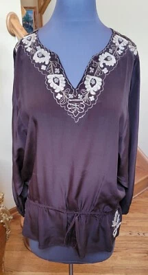 JOIE 100% SEDA TÚNICA TOP BLUSA MARRÓN CREMA BORDADA CUELLO EN V MANGA LARGA L Foto 1 de 4