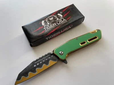 Tiger-USA 7.5" Damascus Etched Spring Assisted Folding Knife Green P-713-G - Image 1 of 2