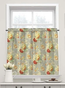 Waverly Sanctuary Rose Tier Curtain Set Cotton Gray Red Yellow Green Floral 36"L - Picture 1 of 9