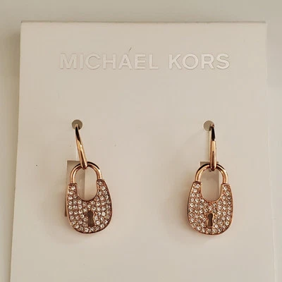 Michael Kors Heritage Rose Gold Tone Pave Crystal Padlock Drop Earrings NWT - Image 1 of 4