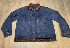 VTG Agan Blue Jean Jacket Denim Coat Zip Up Embroidered Design on Back Paisley - Picture 1 of 6